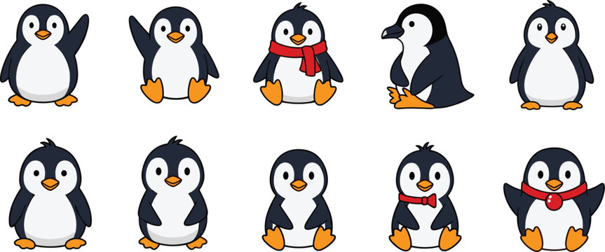 Collection of cute cartoon penguins depicted with various accessories. Adorable characters, animal illustration, wildlife, nature, antarctica, arctic
