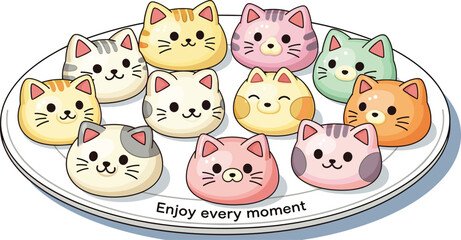 Cute cat-shaped mochi desserts are displayed on a plate. Japanese confectionery, sweets, food art, animal-shaped food