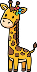 Cute giraffe stands with a flower on its head. Cartoon, animal, illustration, art, design, cheerful, playful, character.