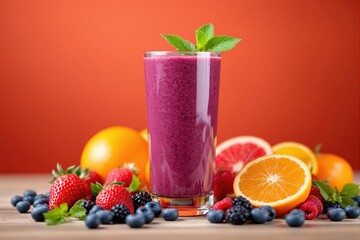 Vibrant purple berry smoothie garnished with mint, surrounded by fresh strawberries, blueberries, raspberries, and oranges, emphasizing healthy ingredients.