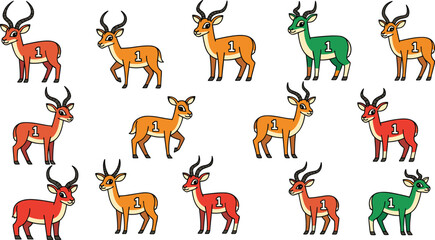 Antelope figures stand on a blue background. Wildlife, cartoon, mammal, animal, illustration