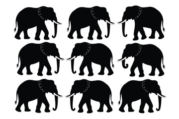 Fototapeta premium Pattern of Nine Black Elephant Silhouettes Walking with White Background, Animal Illustration Art