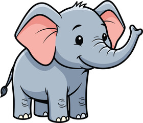 Cartoon elephant stands with its trunk raised. Cute animal illustration, drawing, baby animal, wildlife.