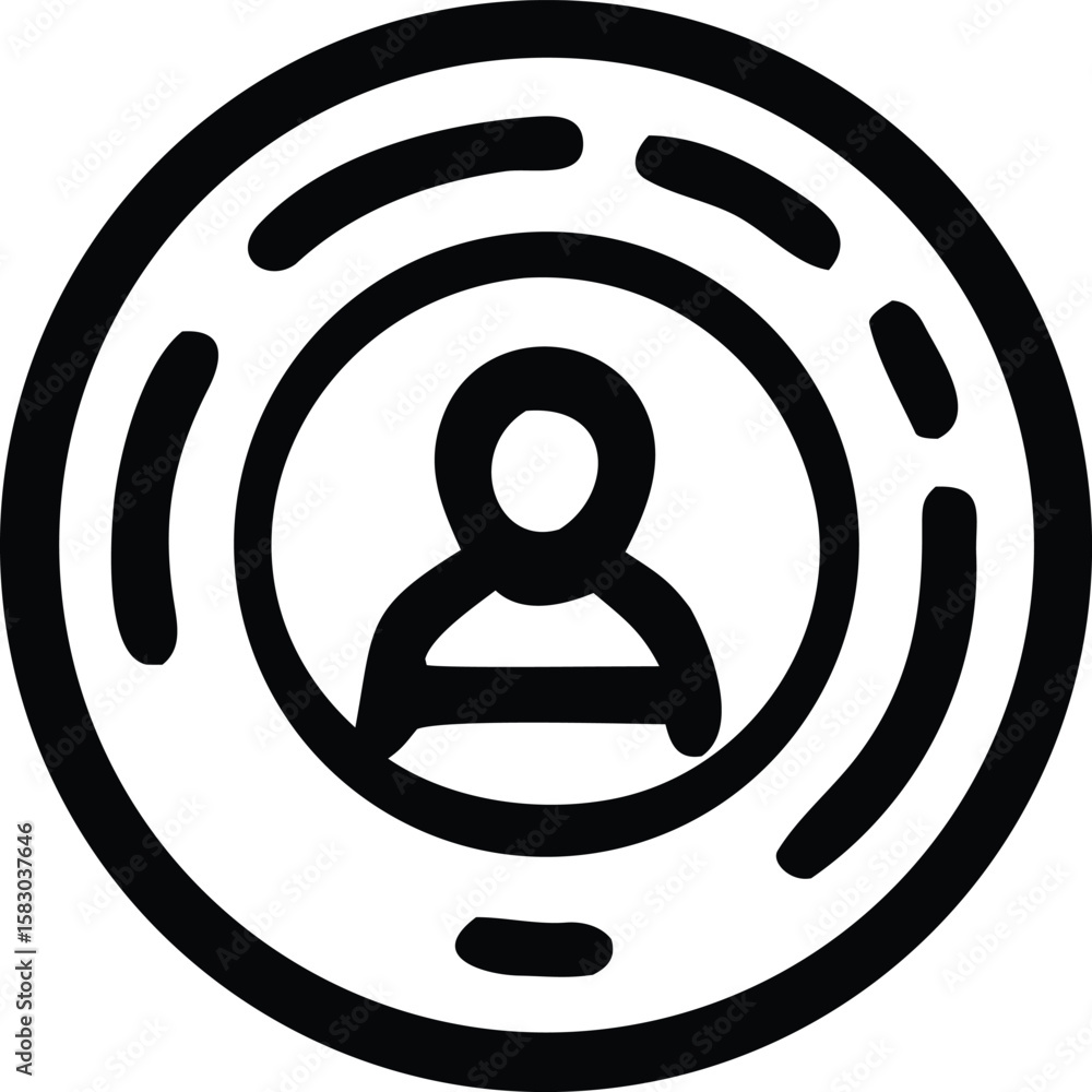 Poster stylized black and white icon representing a person within concentric circles suggesting profile or 