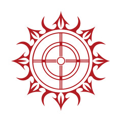 Crimson sunburst emblem with geometric center circular.