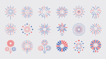 Red and Blue Fireworks Set Fourth of July, Independence Day Designs and Illustrations