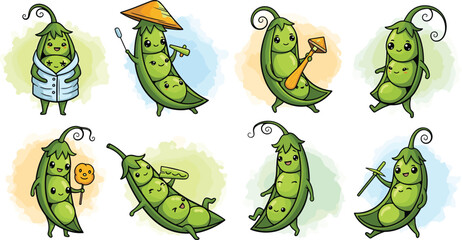 Cartoon pea pods show different activities and personas. Cute characters, food illustrations, vegetable art, healthy eating.