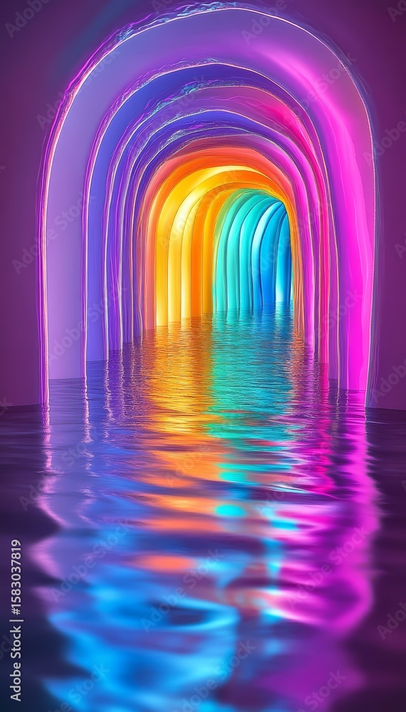 Poster dynamic flow of neon colors creating an arch tunnel with reflections on a wet floor in vivid rainbow