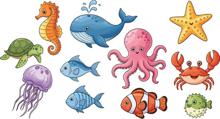 Collection of aquatic cartoon animals on white background. Sea life, marine animals, underwater, ocean creatures, illustration, kids, cute, playful.