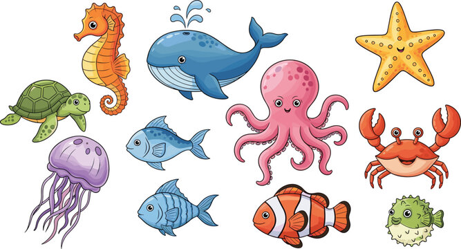 Collection of aquatic cartoon animals on white background. Sea life, marine animals, underwater, ocean creatures, illustration, kids, cute, playful. - Powered by Adobe