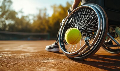 Disabled person sitting in a wheelchair playing tennis. Handicapped tennis player. Inclusive accessible sport and exercise for people with disabilities. DEIB in sport, Generative AI