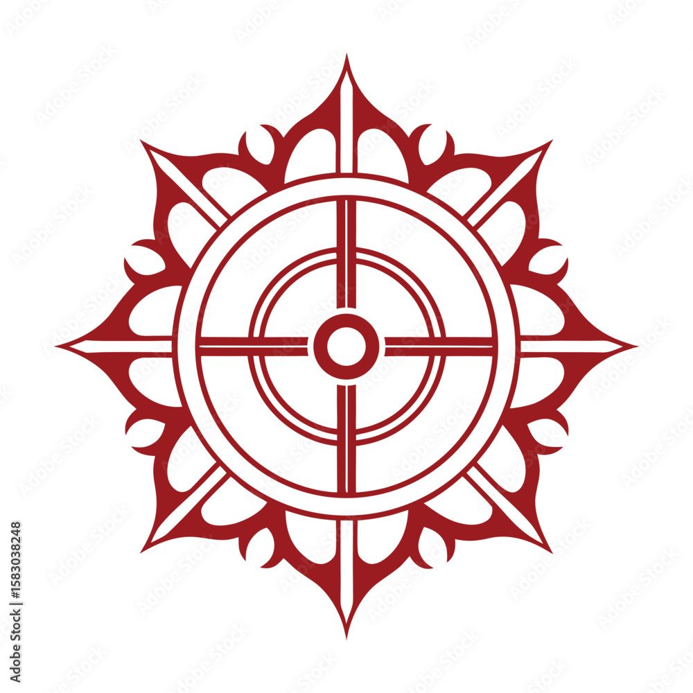 Poster intricate red circular emblem with pointed petals vector