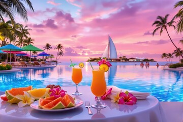 Obraz premium Tropical resort scene with two vibrant cocktails and fresh fruit on a table by a swimming pool, overlooking a pink and purple sunset with a sailboat.