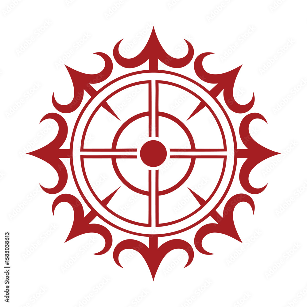 Poster intricate red circular emblem with pointed petals vector