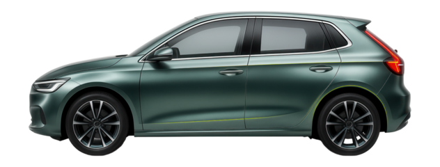 Electric city hatchback with sculpted side panels and a high-mounted rear light