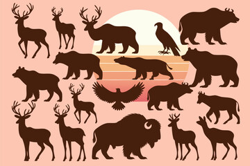 Fototapeta premium Silhouette Composition Deer, Bears, Eagles, and Bison Against a SunsetThemed Backdrop Illustration