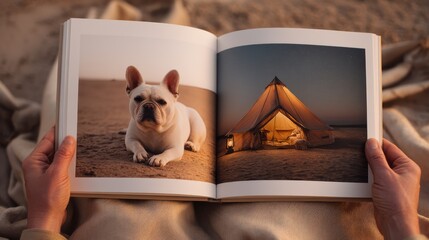 A person holding a open book displaying two photos, one with a dog and another with a tent