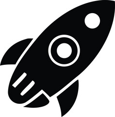 Sleek black rocket icon symbolizing space exploration innovation and futuristic travel against a clean white background