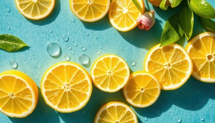 Refreshing Lemon Slices with Water Droplets on a Blue Background