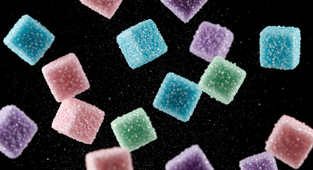 An Array of Pastel-Colored Sugar Cubes Floating Against a Dark Backdrop creating a Dynamic and Playful Composition, Abstract Design