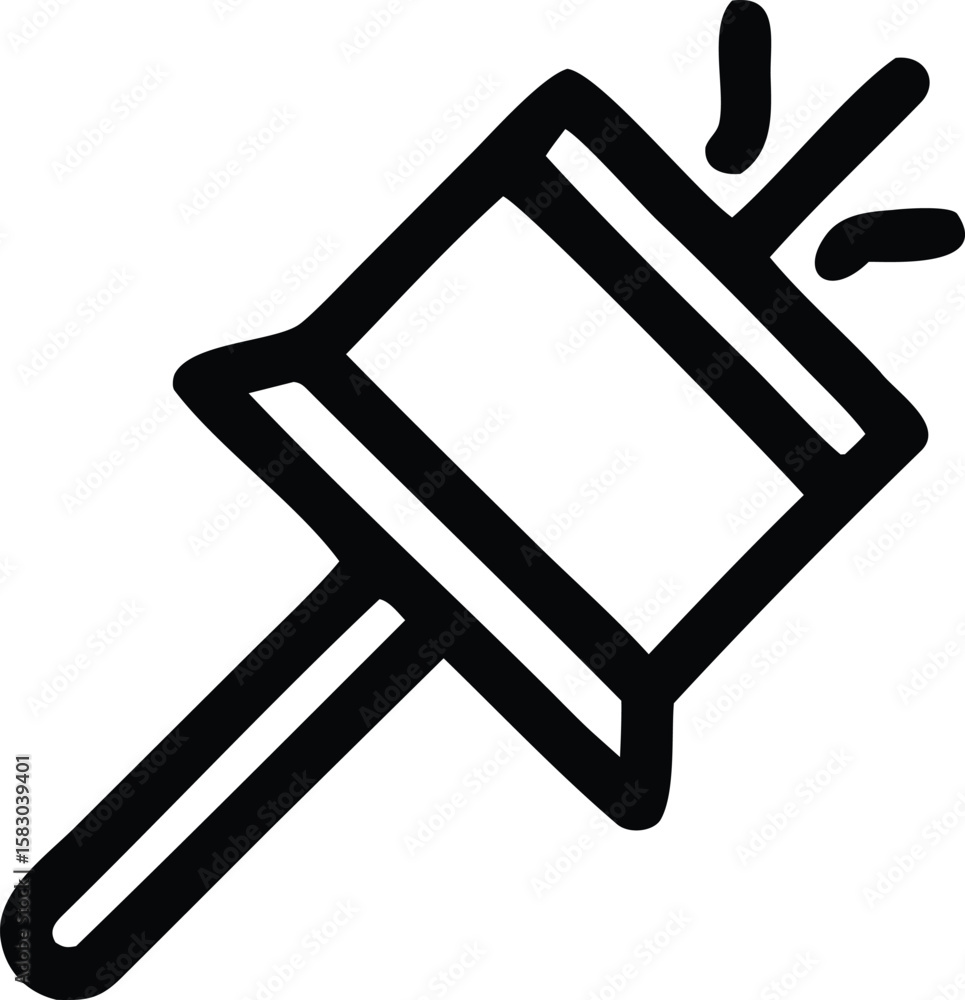 Poster a simple black and white line drawing icon representing a thumbtack or pushpin angled upwards with a