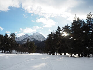 Snow-covered valley with mountains and trees under a bright sky in winter