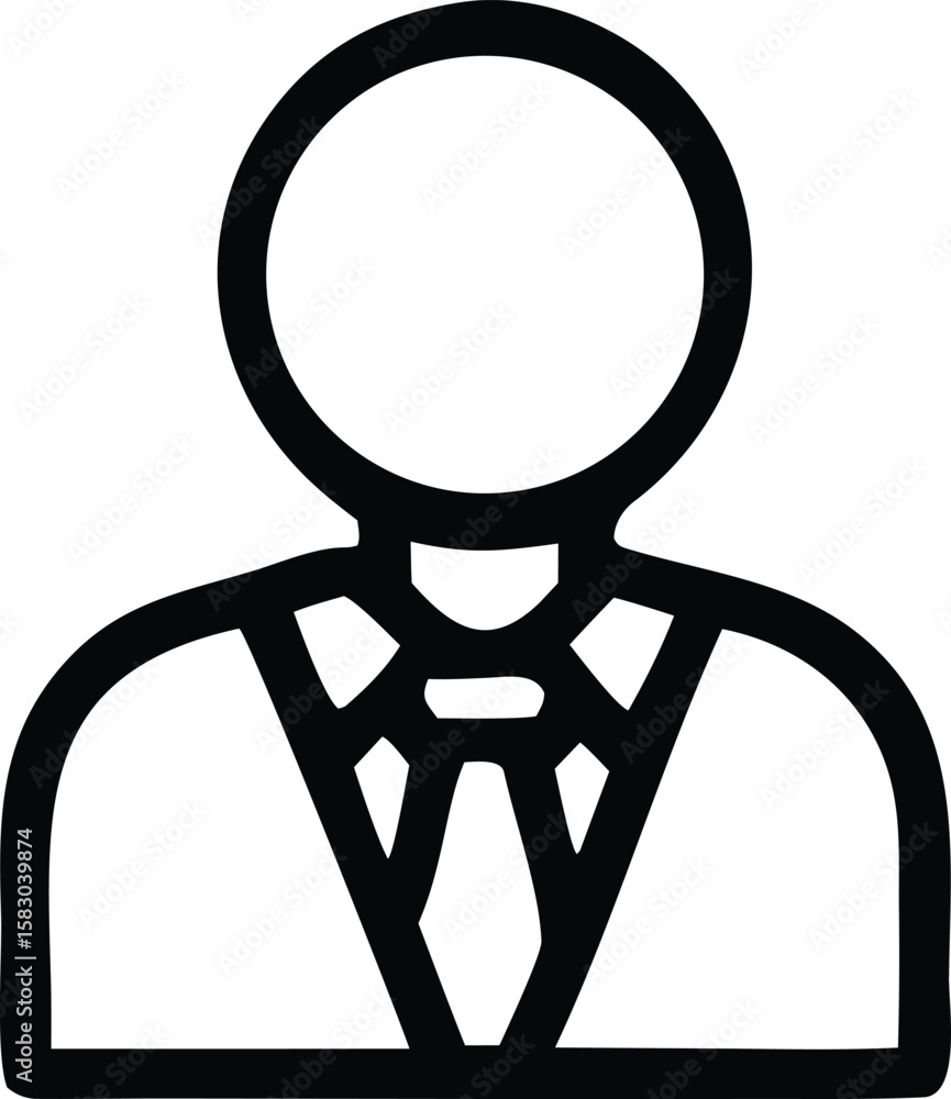 Poster a simple black and white outline icon representing a person in a suit with a tie suitable for profes