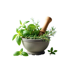 Fresh Herbs in Mortar and Pestle - Aromatic Culinary and Medicinal Plants