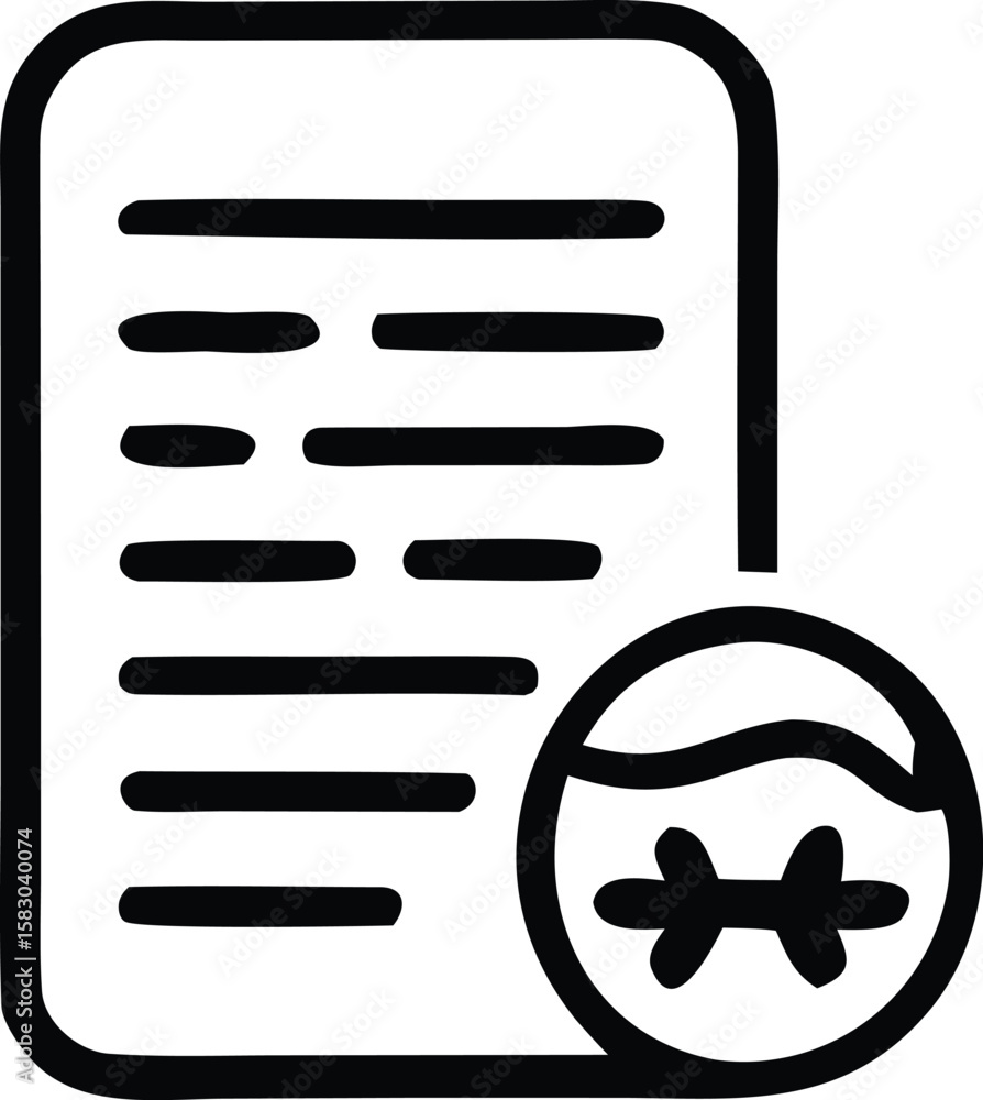 Poster stylized black and white icon representing a document with text and a circular symbol containing a s