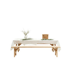 Rustic Wooden Picnic Table with White Tablecloth and Floral Decor