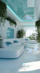 Fototapeta premium Modern, light-filled living area with teal accents