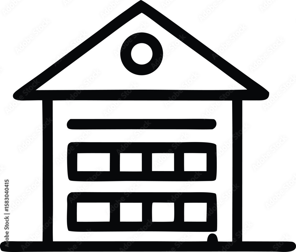 Poster simple black and white line drawing of a multi story building with a triangular roof and a circular 