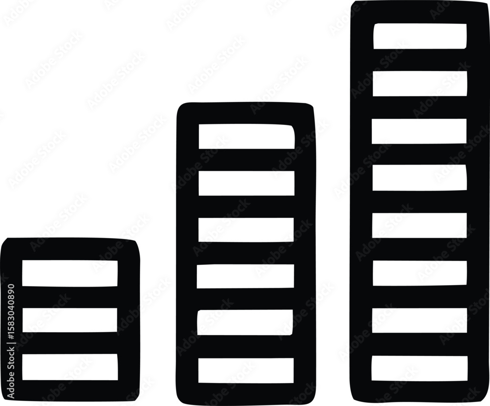 Poster simple black and white graphic representation of three stacked bars increasing in height and complex