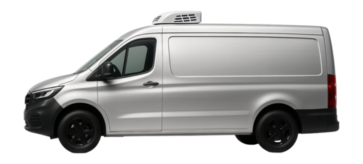 Refrigerated panel van with front grille and side mirrors painted in black