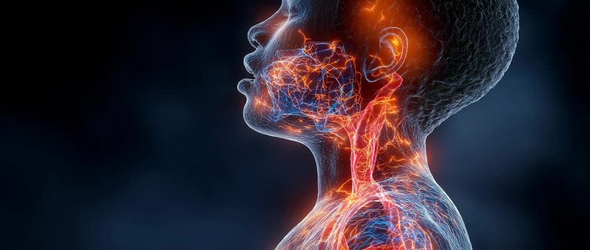 A medical illustration of a youngster having a food allergy reaction that shows airway and throat inflammation and constriction