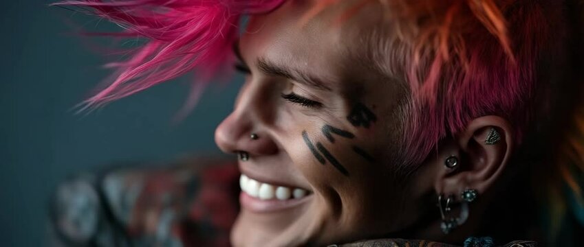 An illustration of a young man with a rainbow-coloured mohawk and bright pink hair