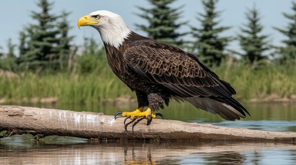 Obraz premium Majestic bald eagle perched on a tree branch by the water's edge, showing off its powerful presence. The eagle's white head and brown feathers contrast against the natural landscape