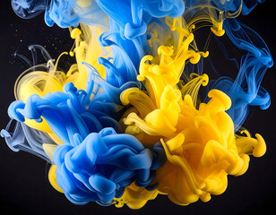 Abstract image of blue and yellow ink swirling and mixing together in water against a dark background, creating a dynamic and colorful composition.