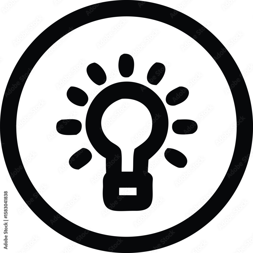 Poster simple black outline of a light bulb with radiating lines inside a circle representing an idea or in