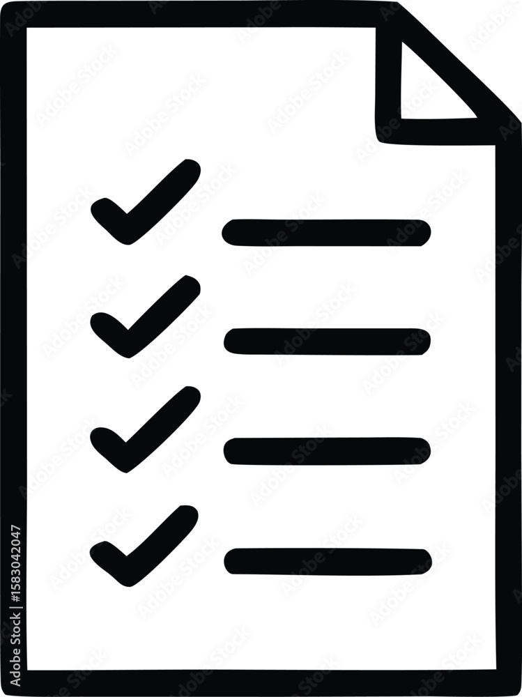 Poster simple black and white icon representing a completed checklist with four items marked with checkmark