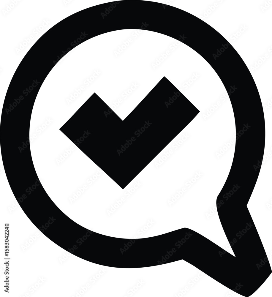 Aufkleber simple black checkmark inside a speech bubble icon representing confirmation agreement or a complete