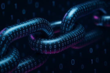 blockchain, encrypted chain, 3D render of metallic chain links coated with glowing binary code, symbolizing secure digital encryption, blockchain technology, and data integrity in a connected network
