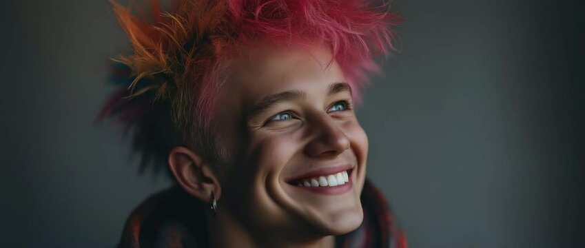 An illustration of a young man with a rainbow-coloured mohawk and bright pink hair