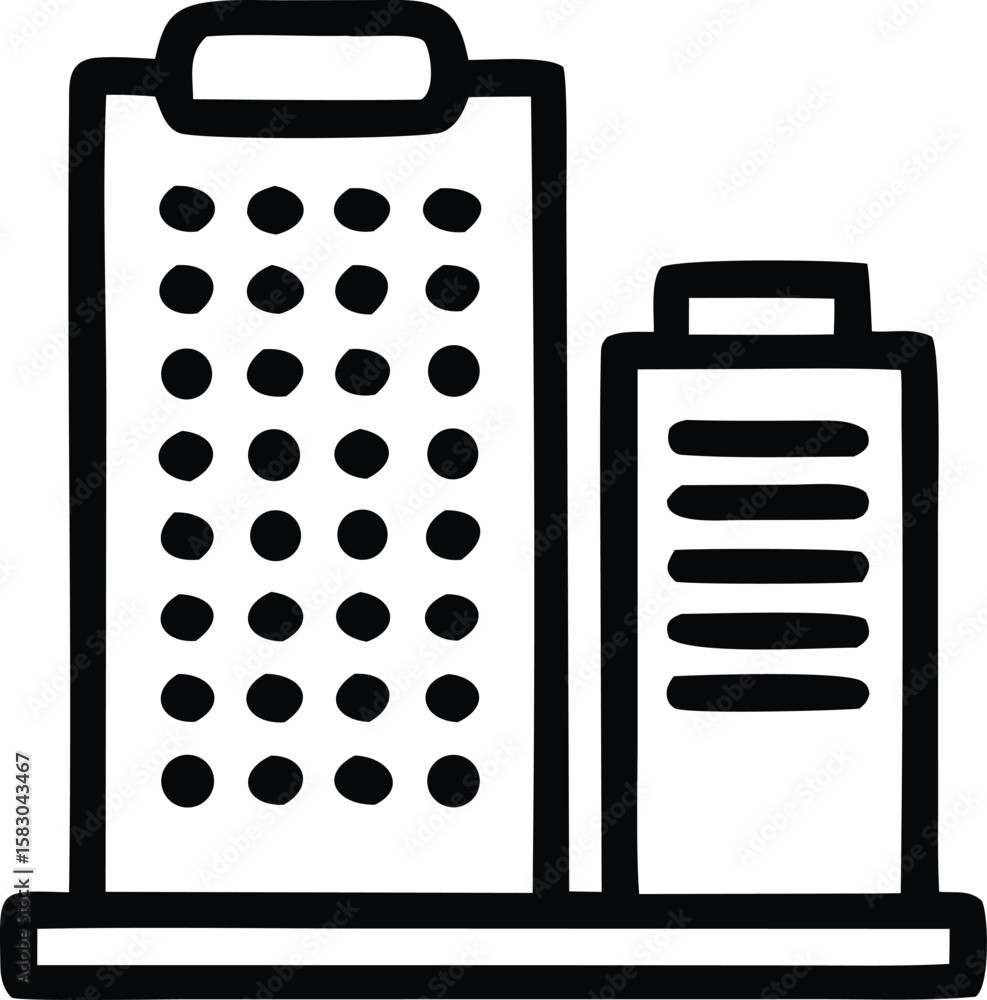 Poster simple black and white line art icon representing two modern apartment buildings with distinct windo