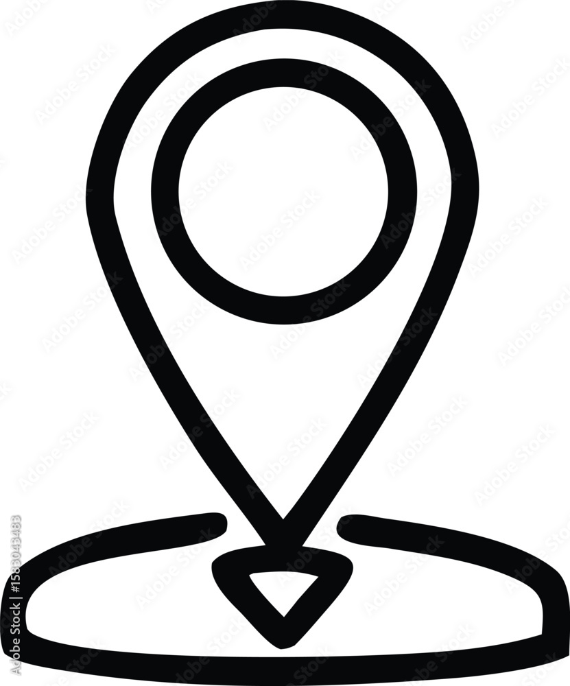 Poster Simple black and white outline of a location pin icon with a circular top and pointed bottom resting on a curved base