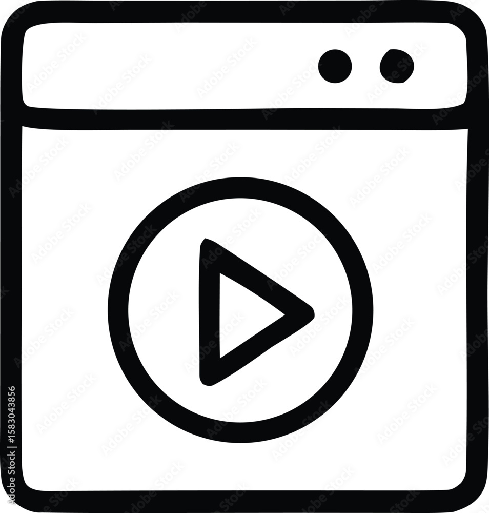 Poster simple black and white hand drawn icon representing a video player interface with a prominent play b