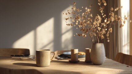 Cozy Sunlit Dining Table With Dried Flowers And Ceramic Mug. Warm And Inviting Home Decor