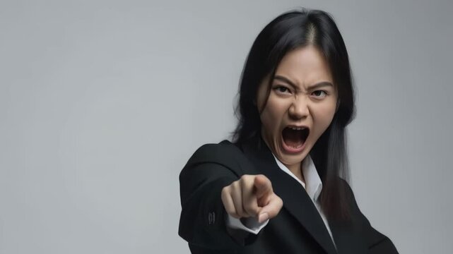 Professional businesswoman pointing accusingly and expressing intense workplace frustration, displaying confrontational body language against white background