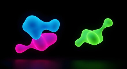 Futuristic abstract shapes floating in zero gravity, neon glow and dark background