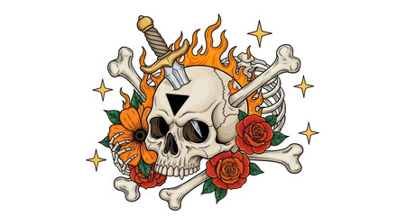 Isolated Skull with Roses and Dagger